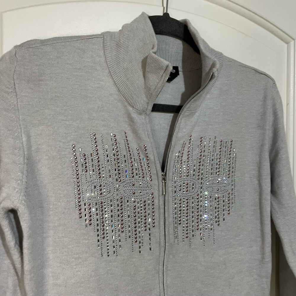 Bebe Bejeweled Gray Full Zip Sweater Y2K Large Paris Hilton Bratz Sparkle Bling